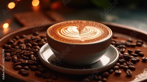 Hot Coffee latte Foam on Roasted Coffee beans background. Cup of Hot Latte and Saucer. Closeup. Concept for coffee product advertising
