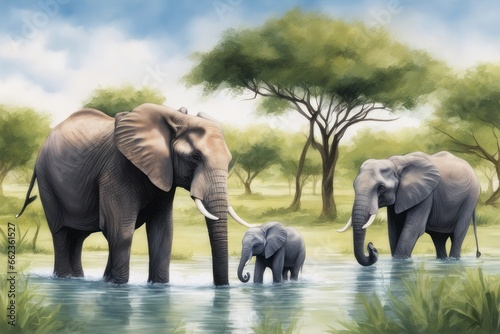 illustration of elephant in the savannah illustration of elephant in the savanna elephants in the river