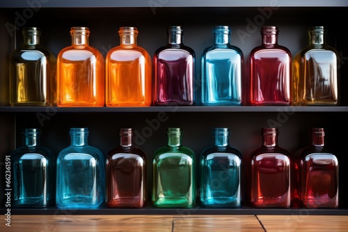 Colorful glass bottles on dark shelf