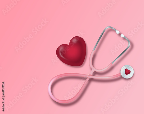 Stethoscope with heart isolated on pink background vector medical illustration. 