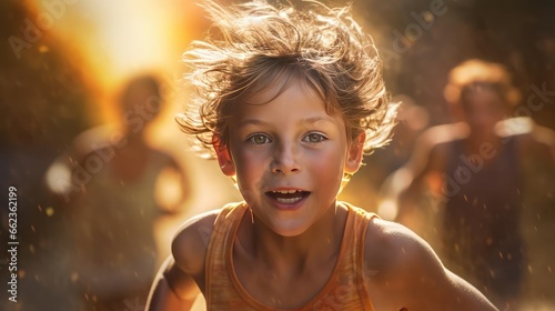 A boy runs at a training session on the street