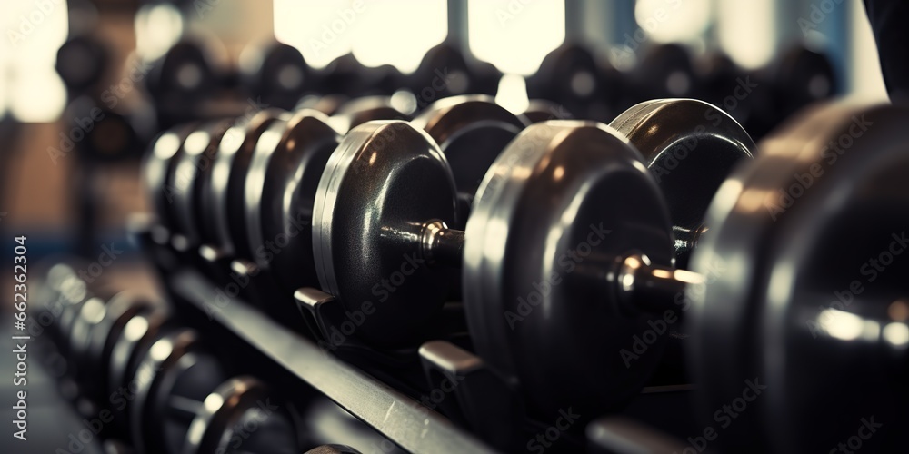 Various sizes of dumbbells on a rack in a gym. generative AI