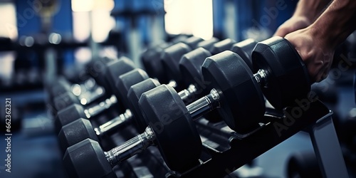 Various sizes of dumbbells on a rack in a gym. generative AI