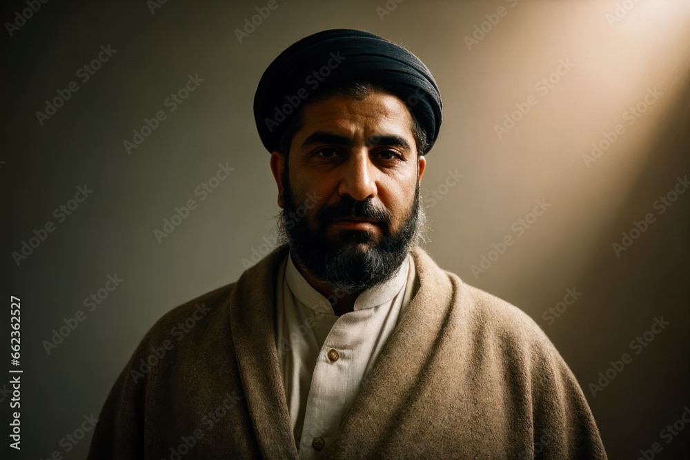 Portrait of the of the old age, bearded Iranian man wearing traditional clothing. Concept of active age