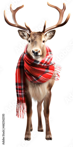 An antlered deer stands in full height. Deer in a warm winter scarf. Isolated on a transparent background. © Honey Bear