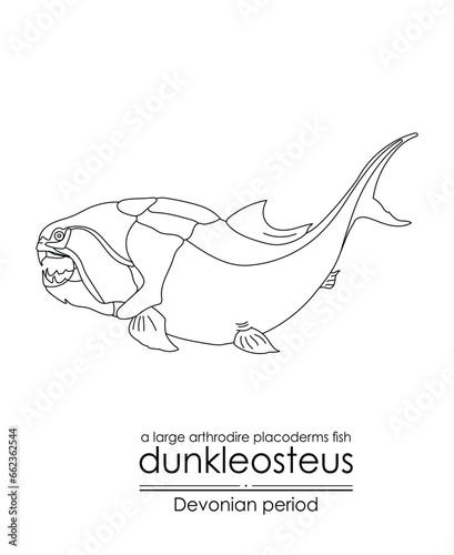 Dunkleosteus, a Devonian period large arthrodire fish, black and white line art illustration. Ideal for both coloring and educational purposes