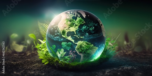 Earth Day with the concept of a miniature earth in the middle of a green forest. generative AI