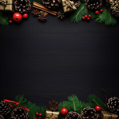 Christmas tree background. Christmas decoration, red balls, snowflakes and pine cones, white light garland, pine cone, fir branches. Flat lay Christmas tree background. Christmas card with copy space