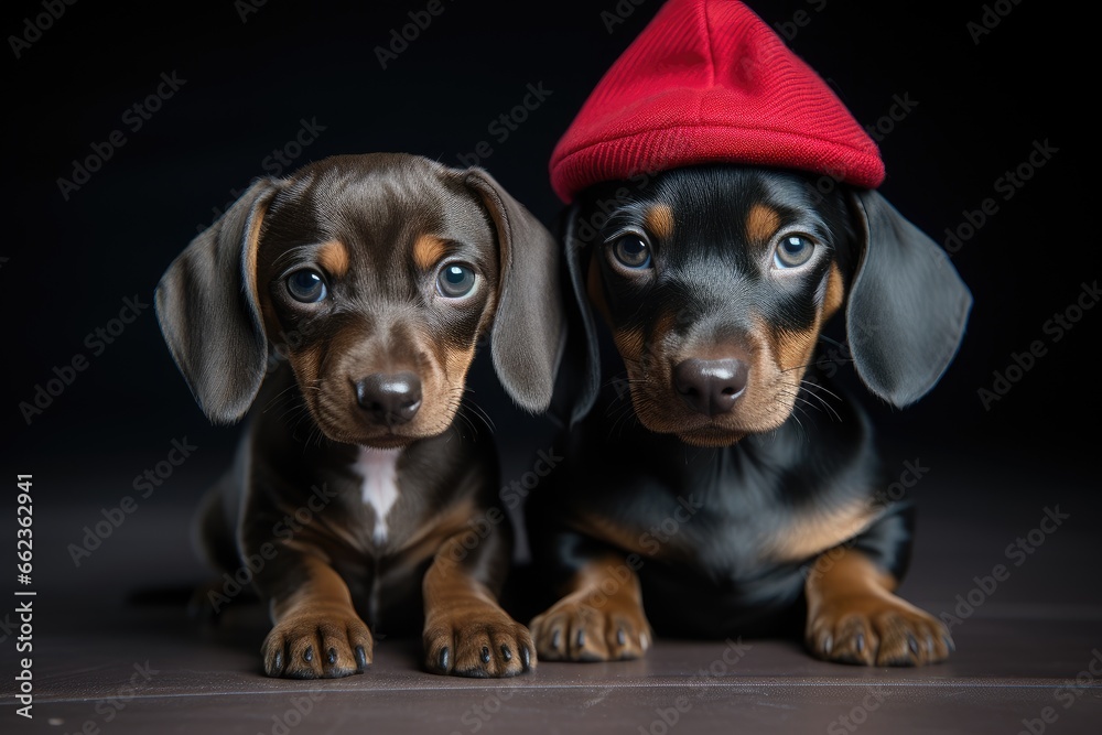 Two dachshund puppies in a red hat on a dark background. Cute pets, calendar, postcard