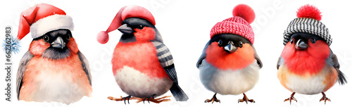 Set of drawn Christmas bullfinches. Red birds in Christmas hats. Isolated on a transparent background. © Honey Bear