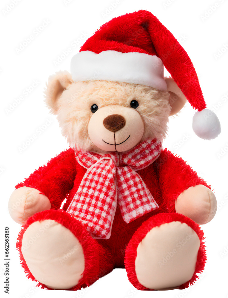 Christmas teddy bear.Cute brown teddy bear in Santa Claus costume. Isolated on a transparent background.