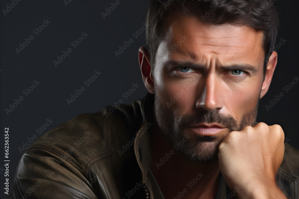 A man intensely concentrating, with furrowed brows, Determination and Focus A man intensely concentrating, with furrowed brows, Determination and Focus