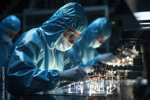 A scientist in a clean room working on advanced technology, showcasing human innovation and progress. Concept of technological advancement. Generative Ai.