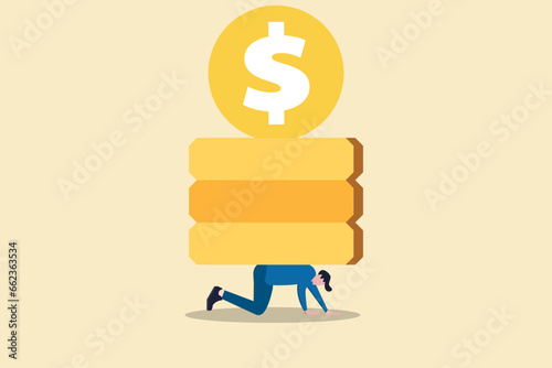 Businessman bent by huge coin. Concept for burden of taxes, financial debts, payment of interest to creditors