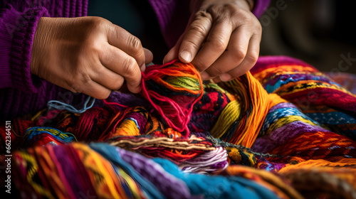 Close up of hands of an elderly woman knitting with colorful wool yarn photo