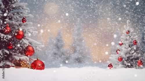 Christmas tree and ball with decoration on a winter snow background.