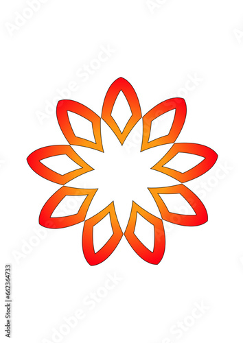 bl  tenf  rmige rosette aus tropfenf  rmigen bl  tenbl  ttern und zentralem stern gezeichnet mit rot-orangen b  gen  modernes abstraktes design  copy space