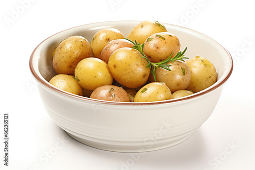 Bowl of boiled new potatoes with peels on white background