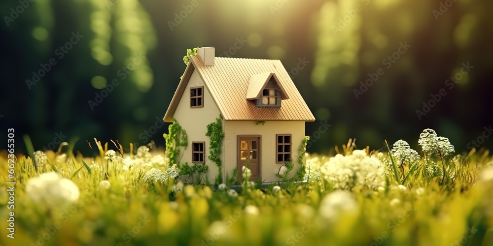 miniature house photographed in the middle of the forest under the sunlight. generative AI miniature house photographed in the middle of the forest under the sunlight. generative AI