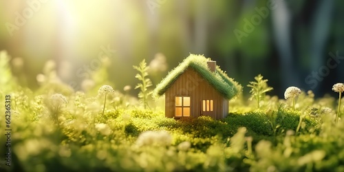 miniature house photographed in the middle of the forest under the sunlight. generative AI
