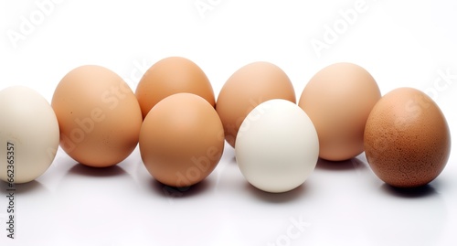 Several eggs photographed at close range in various colors on a white background. Generative AI