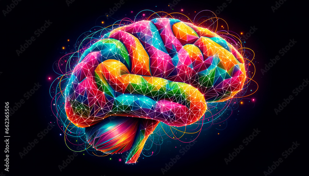 Human brain with colorful abstract connections on black background. Generative AI - obrazy, fototapety, plakaty 