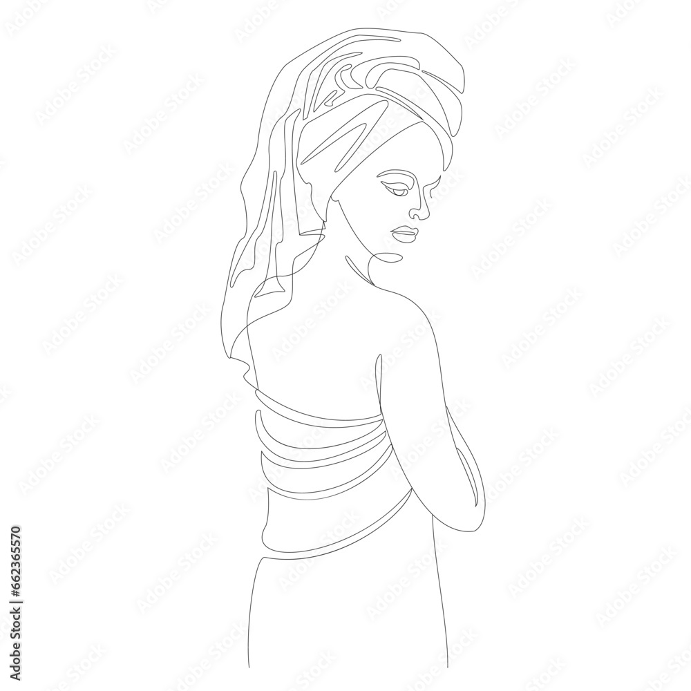 Collection. Girl silhouettes in modern continuous line style. A lady after a shower with a towel on her head. Outline for decor, posters, wall art, stickers, logo. Vector illustration set. Collection. Girl silhouettes in modern continuous line style. A lady after a shower with a towel on her head. Outline for decor, posters, wall art, stickers, logo. Vector illustration set.