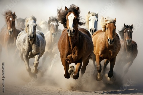 A pack of equines galloping. Generative AI photo