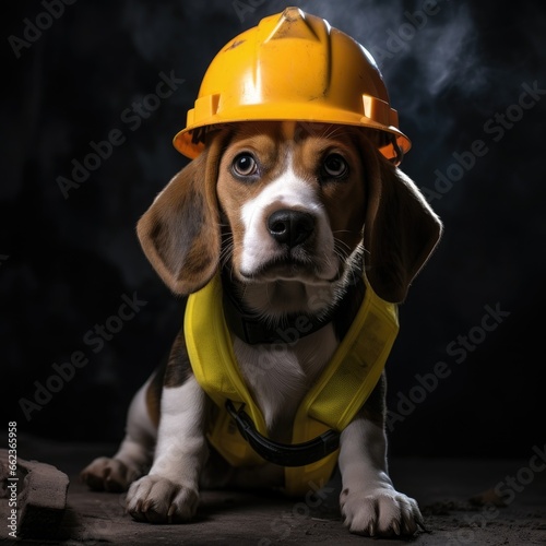 Dog in a construction helmet