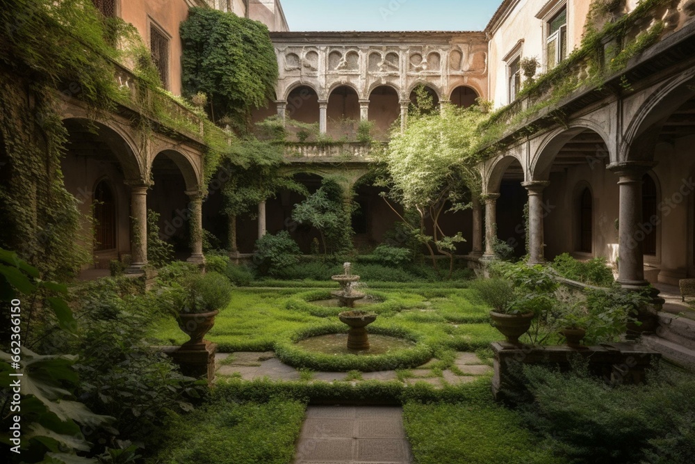 a hidden garden within a historic palace. Generative AI