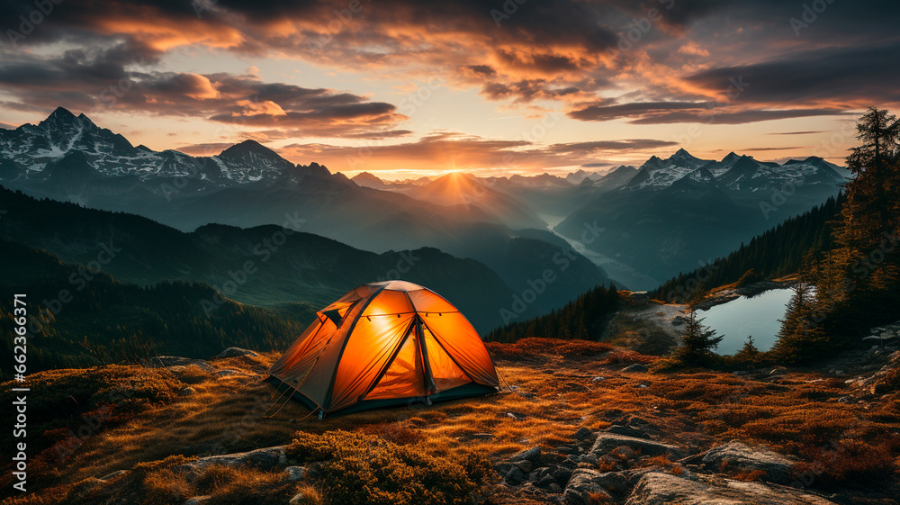 tent on the top of a mountain in sunset - obrazy, fototapety, plakaty 
