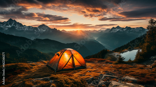 tent on the top of a mountain in sunset photo