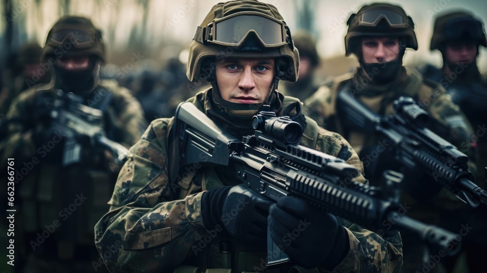 Soldiers with weapons in training