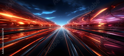 The realism of electric cars Futuristic sports cars on the highway Powerful acceleration of a super car on a night track with lights and trails. 3D illustrations. Realistic wide angle lens. photo