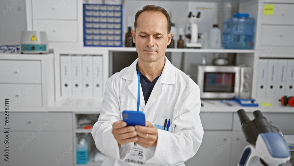 Confident middle-age male scientist with a playful smile, engrossed in his smartphone amidst the lab's hustle and bustle, a portrait of happiness and dedication! Confident middle-age male scientist with a playful smile, engrossed in his smartphone amidst the lab's hustle and bustle, a portrait of happiness and dedication!