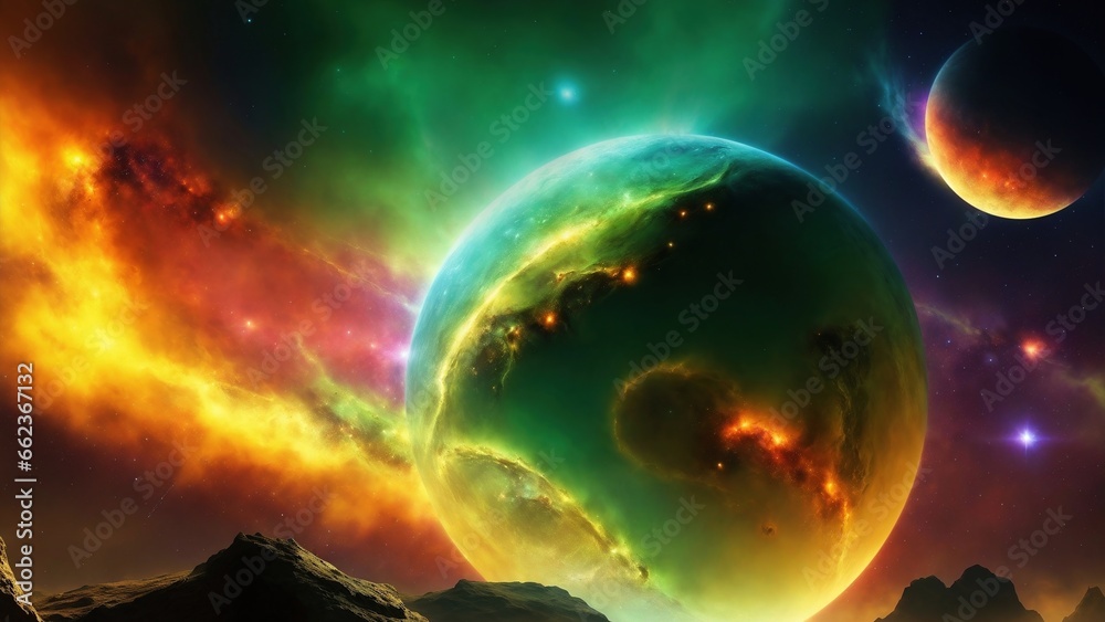 Obraz premium Nebula and lost planet. Gas cloud. Cosmic art. Galactic art. 4K - 8K - 12K TV. Generative AI.