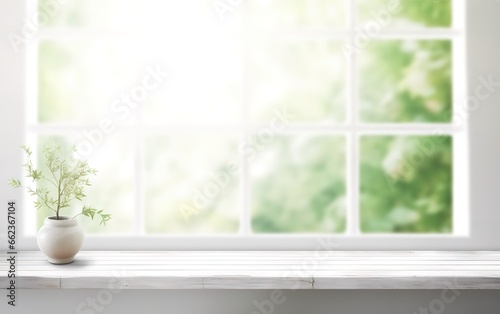 A photo of a white window with a background of blurry leaves can be used as a place for presentations and promotions for your products. generative AI © Nanda