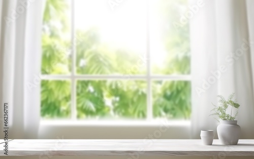 A photo of a white window with a background of blurry leaves can be used as a place for presentations and promotions for your products. generative AI