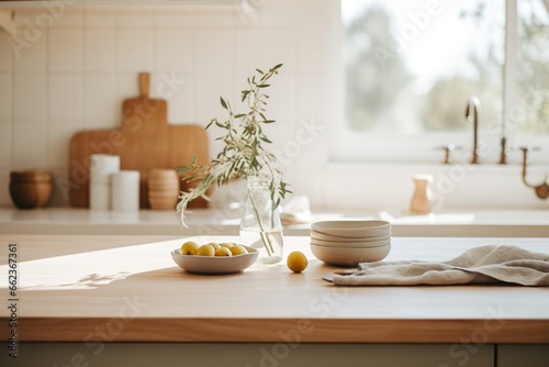 Kinfolk Lifestyle - Minimalist kitchen setting with organic produce and handmade ceramics - Pursuit of simplicity - AI Generated
