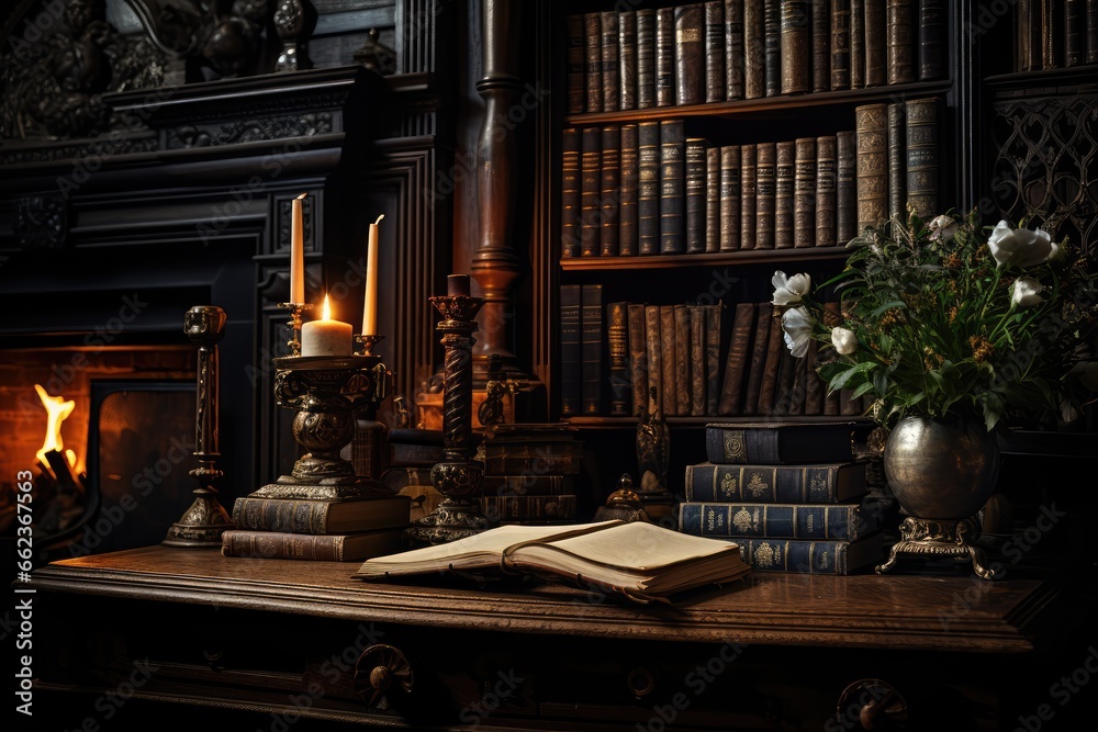 Dark Academia - Vintage study room with classic books, quills, and dark wood - Romanticizing higher education - AI Generated