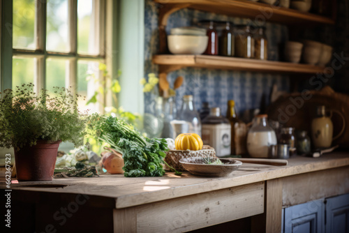 Cottagecore Setting - Rural kitchen with vintage utensils and fresh produce - Nostalgic countryside charm - AI Generated
