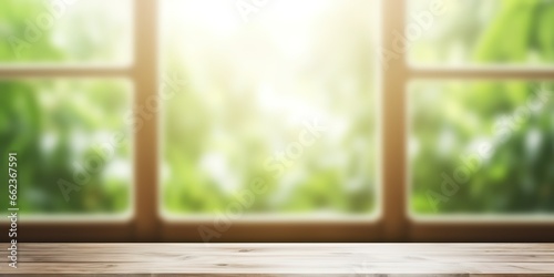 A photo of a white window with a background of blurry leaves can be used as a place for presentations and promotions for your products. generative AI