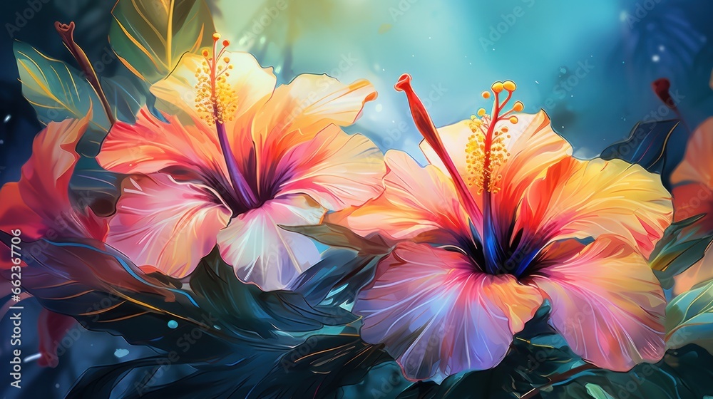 Beautiful exotic flowers close up, majestic floral beauty, digital illustration art. Beautiful exotic flowers close up, majestic floral beauty, digital illustration art.
