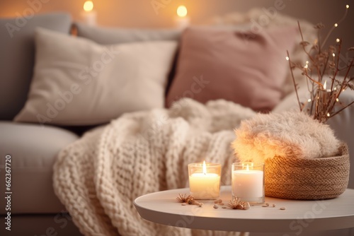 Hygge Ambience - Cozy living room with candles  blankets  and soft lighting - Danish art of coziness - AI Generated