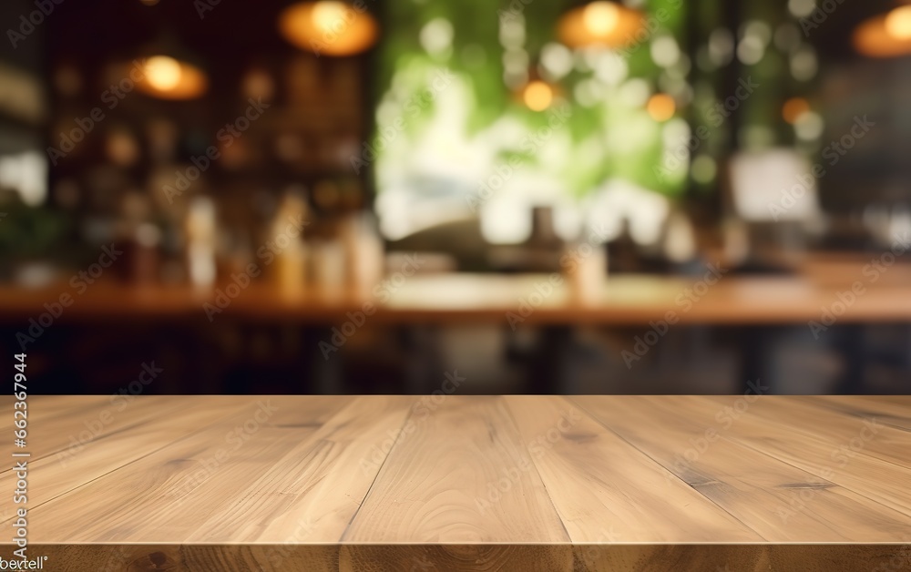 wooden table background blur cafe view. generative AI