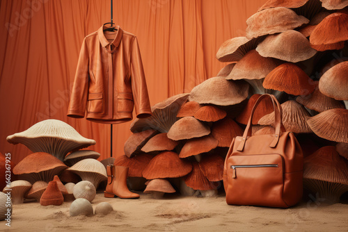 Mushroom Leather - Fashion items displayed against an earthy backdrop made from fungal material - Next-gen sustainable fashion - AI Generated photo