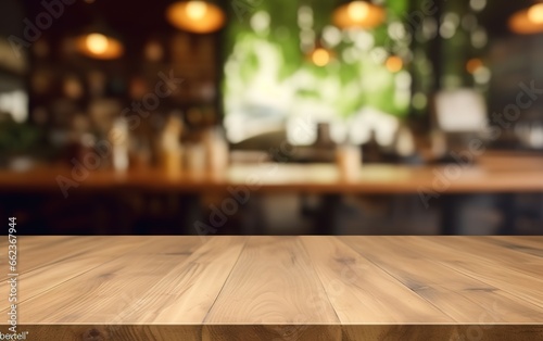 wooden table background blur cafe view. generative AI