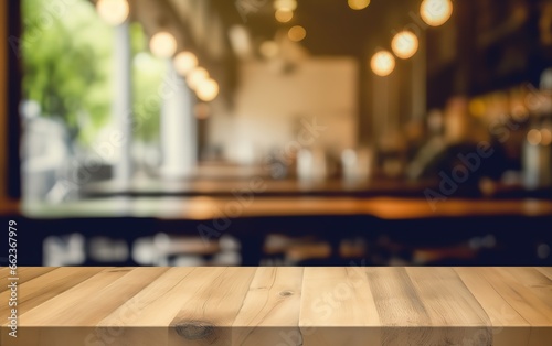 wooden table background blur cafe view. generative AI