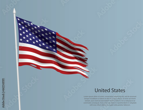 Ragged national flag of United States. Wavy torn fabric on blue background.