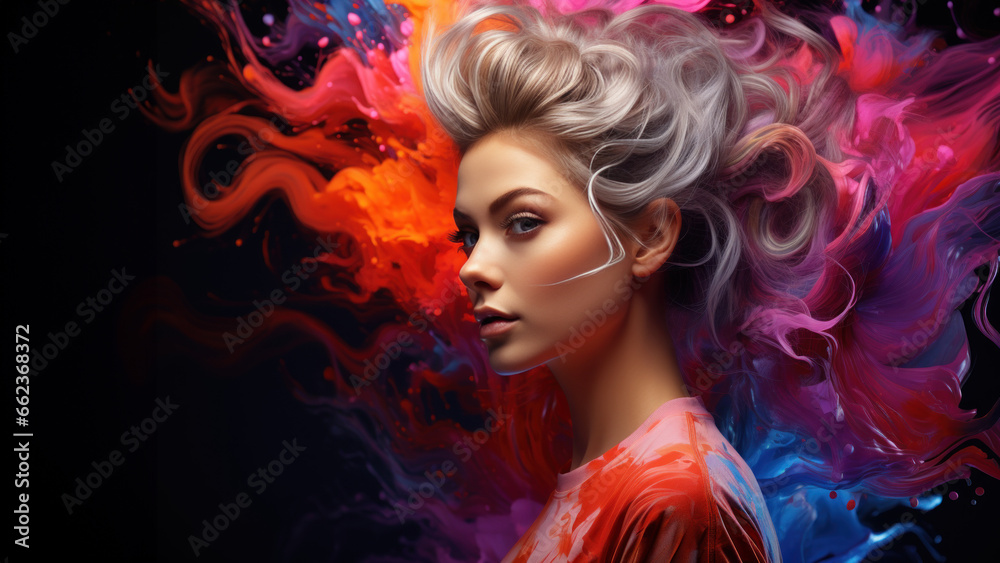 Colorful image of charming fantasy woman with rainbow and colorful aura on black background.